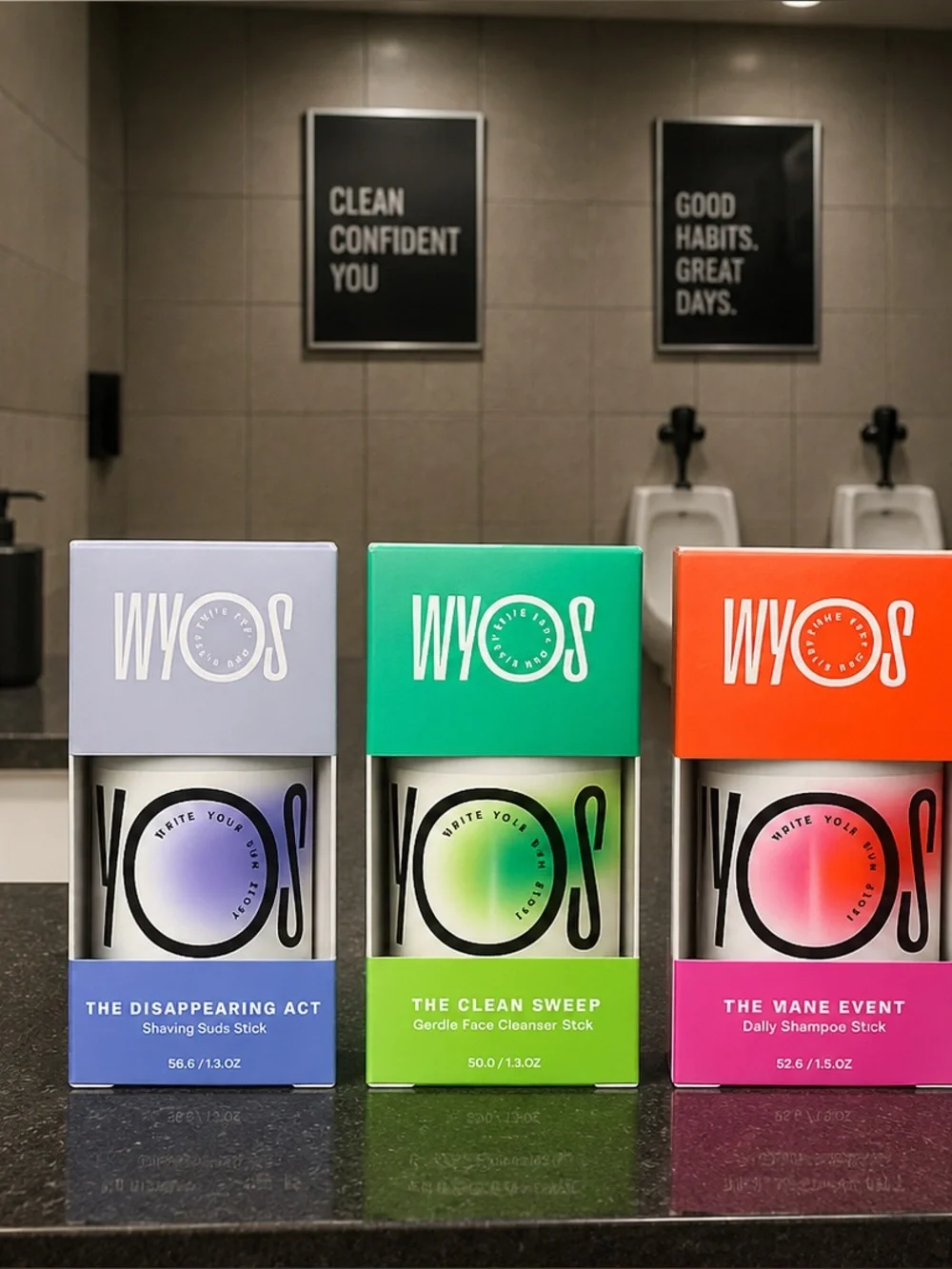 WYOS Men’s Grooming Stick Bundle – Shampoo, Face Cleanser & Shaving Suds TSA ok